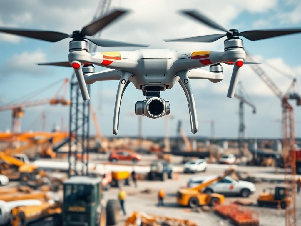 Aerial view of a construction site with a drone capturing detailed mapping images, displaying heavy machinery and workers on-site. The background should include cranes and ongoing construction, emphasizing productivity and efficiency.