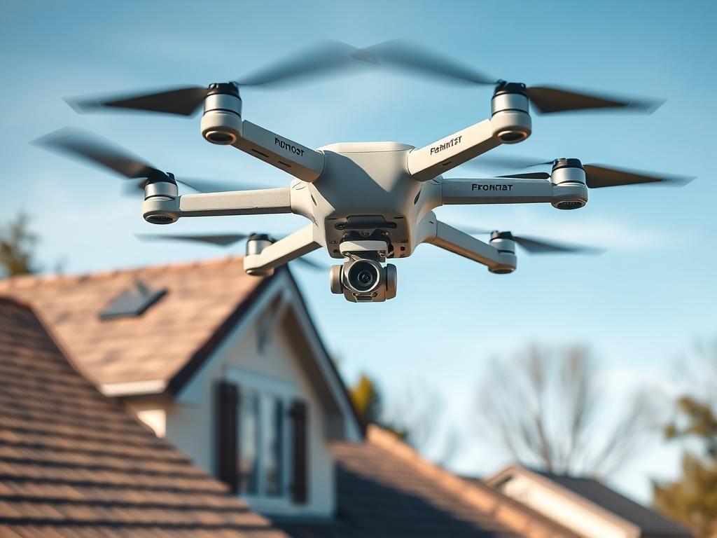 A high-resolution image of a drone inspecting a residential roof, showcasing the drone hovering above the roof, with clear details of the roof structure visible. The background should feature a well-maintained neighborhood with trees and a blue sky, creating a serene and professional atmosphere.