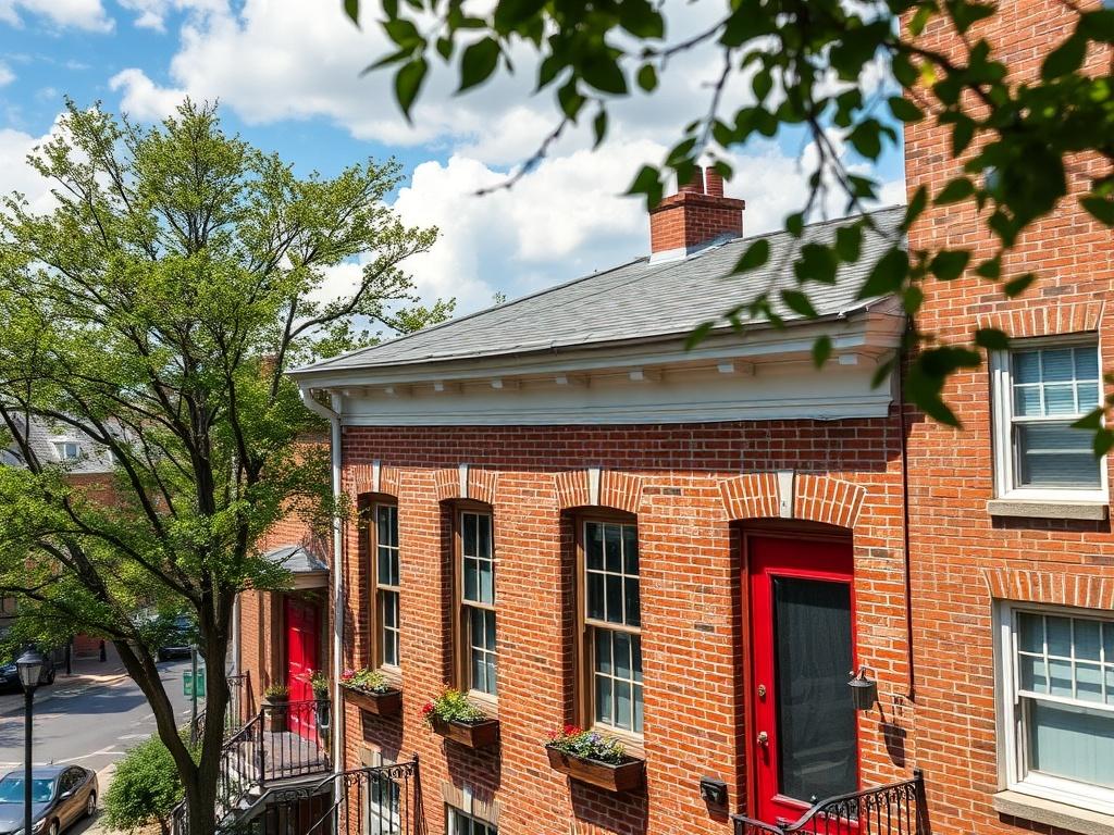 **AI Image Generation Prompt:**

Create a realistic high-resolution photo that illustrates the blog post titled “Federal Hill Blog Post.” The composition should focus on a single historic rowhome located in Federal Hill, Maryland, showcasing its flat rooftop. Capture the roof from a slightly elevated angle to emphasize its condition, with clear visibility of any wear and tear, such as cracks or signs of moisture buildup. The subject should be the well-maintained, charming brick facade of the rowhome, adorne