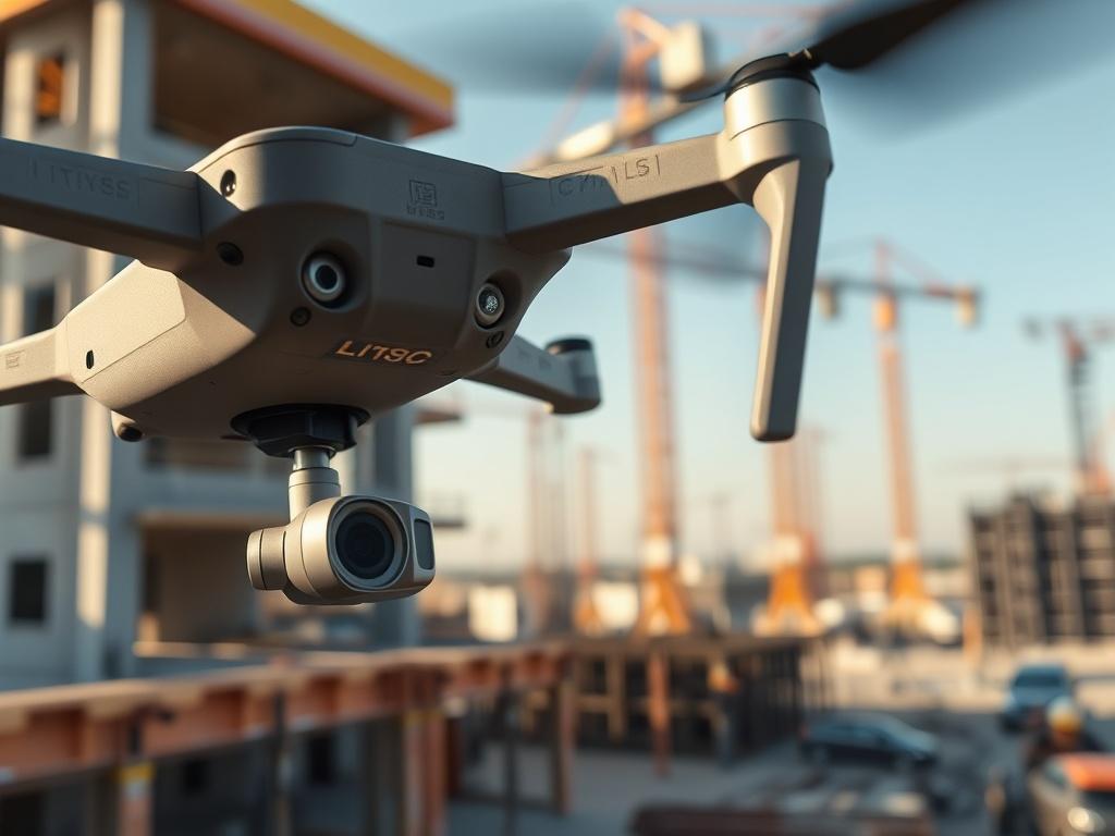 A high-resolution close-up shot of a professional drone in action, capturing a detailed aerial view of a construction site. The drone is prominently featured in the foreground, showcasing its sleek design and technology. The background displays the construction site with cranes and workers, highlighting the practical application of drone services. The image should be rendered in hyper-realistic style, using a focus style reminiscent of a 45mm f/1.2 lens.