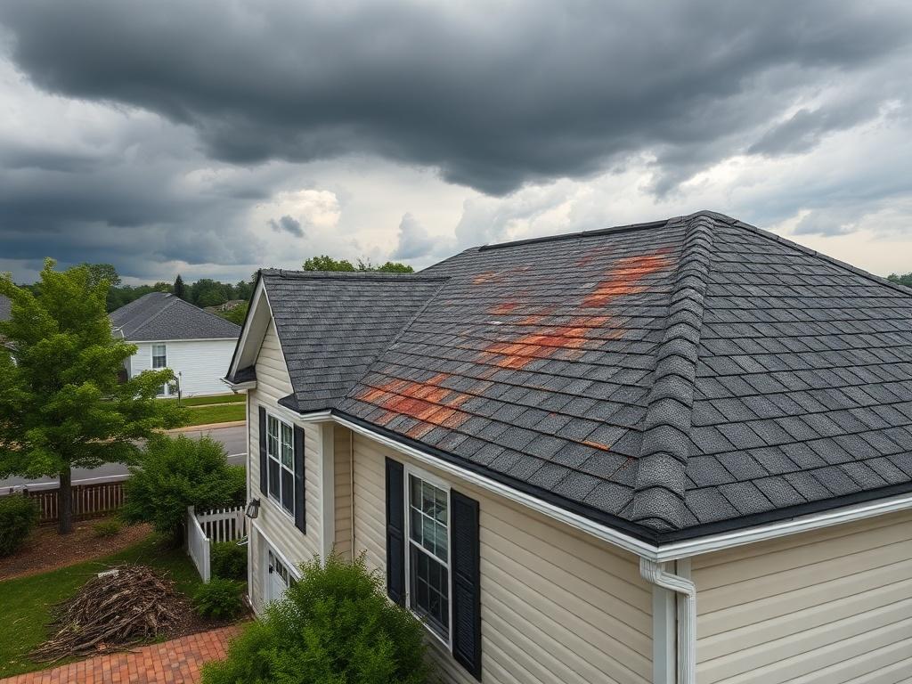 **AI Image Generation Prompt:**

Create a realistic high-resolution photo that represents a blog post about Carney, Maryland, focusing on roof damage and drone inspections. The composition should be simple and clear, featuring the following details:

- **Subject Matter**: A single, well-maintained suburban home in Carney with a prominent, partially visible roof. The focus should be on the roof, showcasing traditional roofing materials such as asphalt shingles that are showing signs of age and wear. This wil