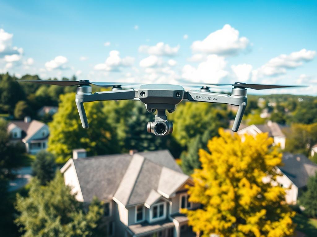 **AI Image Generation Prompt:**

Create a realistic high-resolution photo depicting a drone hovering above a residential neighborhood in Towson, Maryland. The subject of the image should be the drone, prominently centered in the frame, showcasing its sleek design and technology. Below the drone, capture a clear view of a typical Towson home with a well-maintained roof, surrounded by lush greenery and vibrant trees characteristic of the area. 

The background should feature a picturesque residential setting,