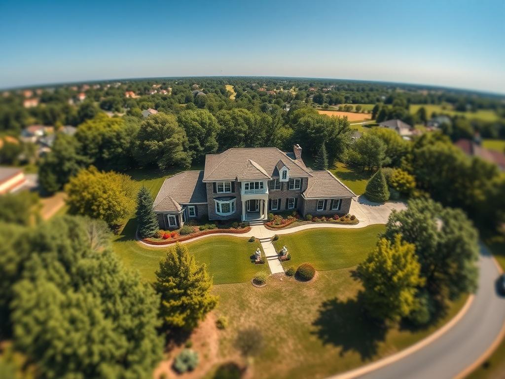 A high-resolution aerial shot of a beautiful suburban home, showcasing the property surrounded by lush greenery and a clear blue sky. The focus is on the house, capturing its architectural details and the vibrant colors of the landscape. The composition is simple, with the house centered in the frame, emphasizing its features and the spacious yard. Shot in a hyper-realistic style with a shallow depth of field, blurring the background slightly to draw attention to the home.