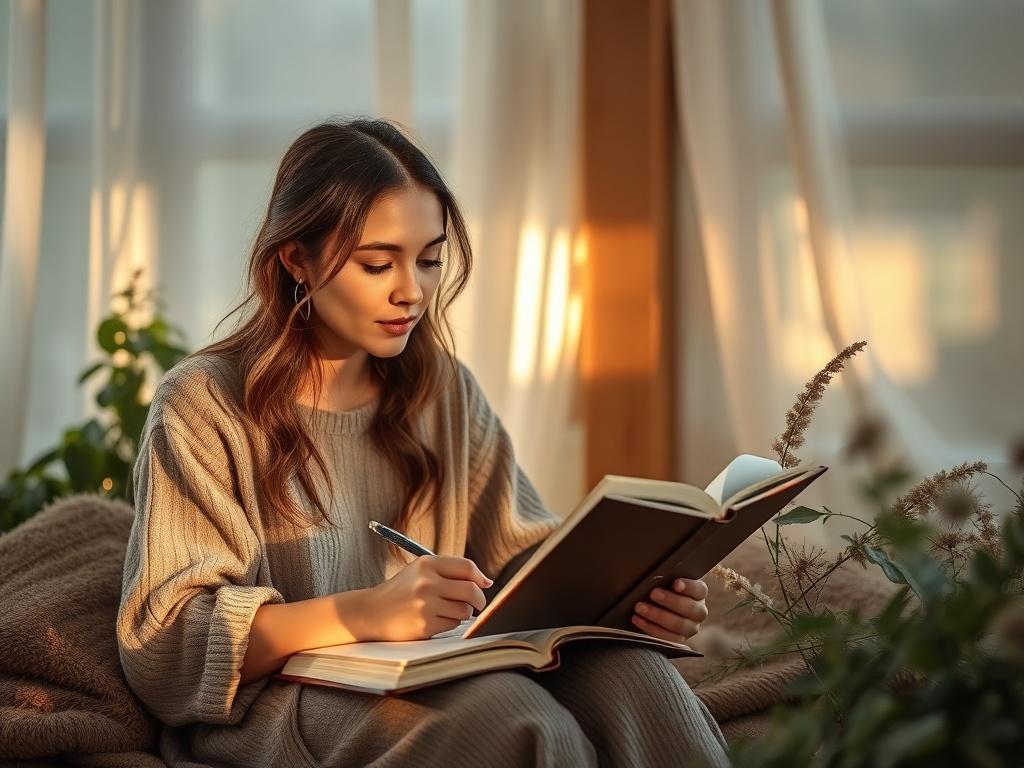 A realistic high-resolution photo of a woman writing in a journal about her cycles, surrounded by soft lighting and nature elements. The scene conveys a sense of peace and introspection, focusing on the act of journaling.
