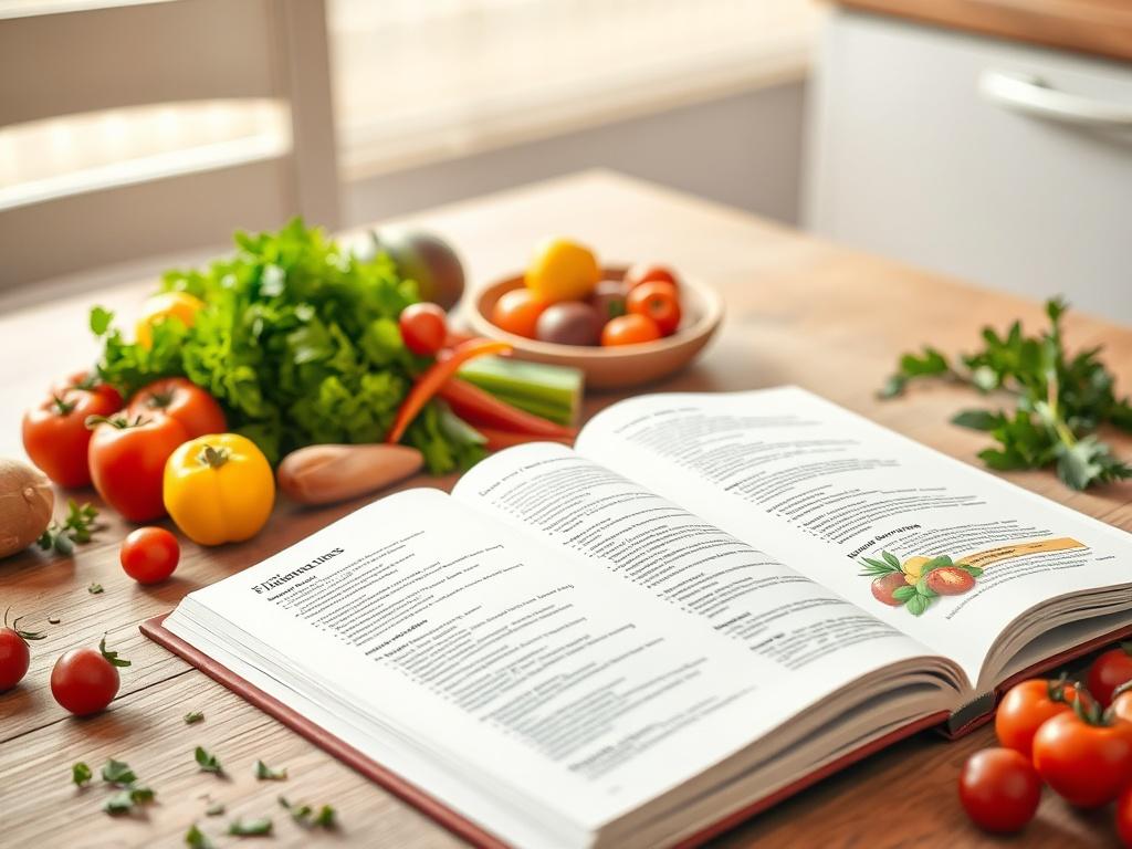 A realistic high-resolution photo of an open cookbook displaying vibrant, colorful recipes on a wooden kitchen table. Fresh ingredients like fruits, vegetables, and herbs are scattered around, creating a warm and inviting atmosphere. The lighting is soft, emphasizing the natural colors of the food.