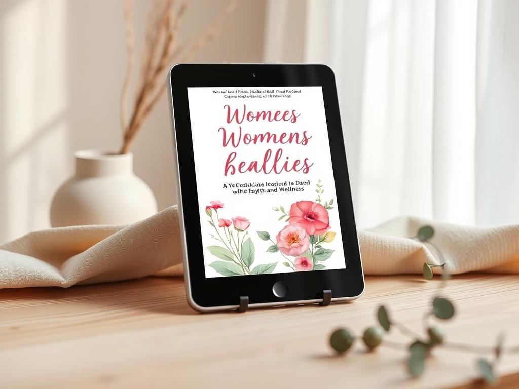 A realistic high-resolution photo of a beautifully designed eBook cover on a digital tablet, set against a soft, calming background with gentle light. The cover features feminine colors and floral designs, symbolizing women's health and wellness. The tablet is placed on a cozy, light-colored wooden surface.