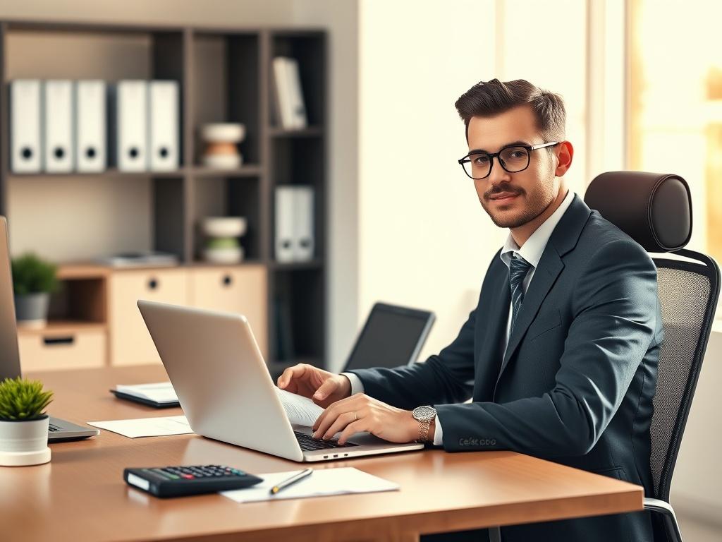 Create a realistic high-resolution image for a blog titled "Maximize Your Business Potential with Expert Accounting Services." The composition should be simple and clear, focusing on a single subject: a confident and professional accountant sitting at a modern desk. The accountant is engaged in their work, analyzing financial documents and using a laptop. They are dressed in business attire, exuding competence and expertise. 
The background should feature an organized office environment with a soft color p