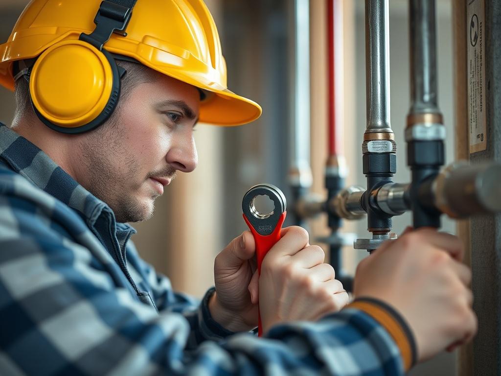 A hyper-realistic close-up image of a plumber installing new pipes in a construction site. The plumber is focused and engaged, with a wrench in hand, surrounded by high-quality pipes and fittings. The background is softly blurred to maintain focus on the installation process, capturing the intricate details of the pipes and tools. The image should be vibrant and clear, showcasing the professionalism and precision involved in the work, shot with a 45mm f/1.2 lens.