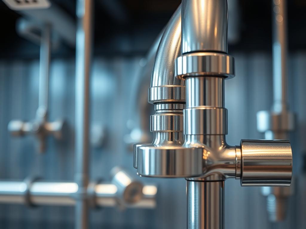A close-up shot of a modern plumbing setup featuring shiny, high-quality pipes and fixtures, showcasing their sleek design. The background is softly blurred to emphasize the plumbing, with a focus on the details and textures of the metal. The image should be shot with a 45mm f/1.2 lens, enhancing the hyper-realistic quality and clarity.