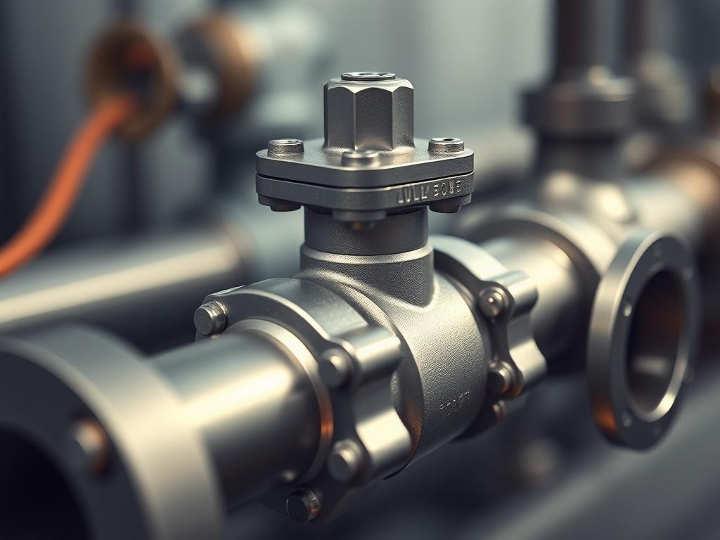 A hyper-realistic close-up image of a commercial plumbing valve, showcasing its intricate details and robust construction. The background should be slightly blurred to highlight the valve's features and metallic finish. The composition should focus solely on the valve, with an emphasis on clarity and realism, captured with a 45mm f/1.2 lens.