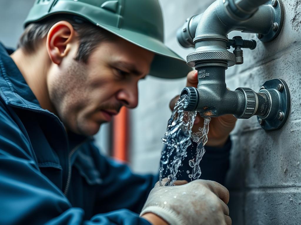 A high-resolution close-up shot of a plumber working on a leaking pipe, capturing the action and focus of the technician. The image should highlight the tools being used and the water flow, creating a sense of urgency. The background should be softly blurred, emphasizing the plumber's expertise, taken with a 45mm f/1.2 lens for a hyper-realistic effect.