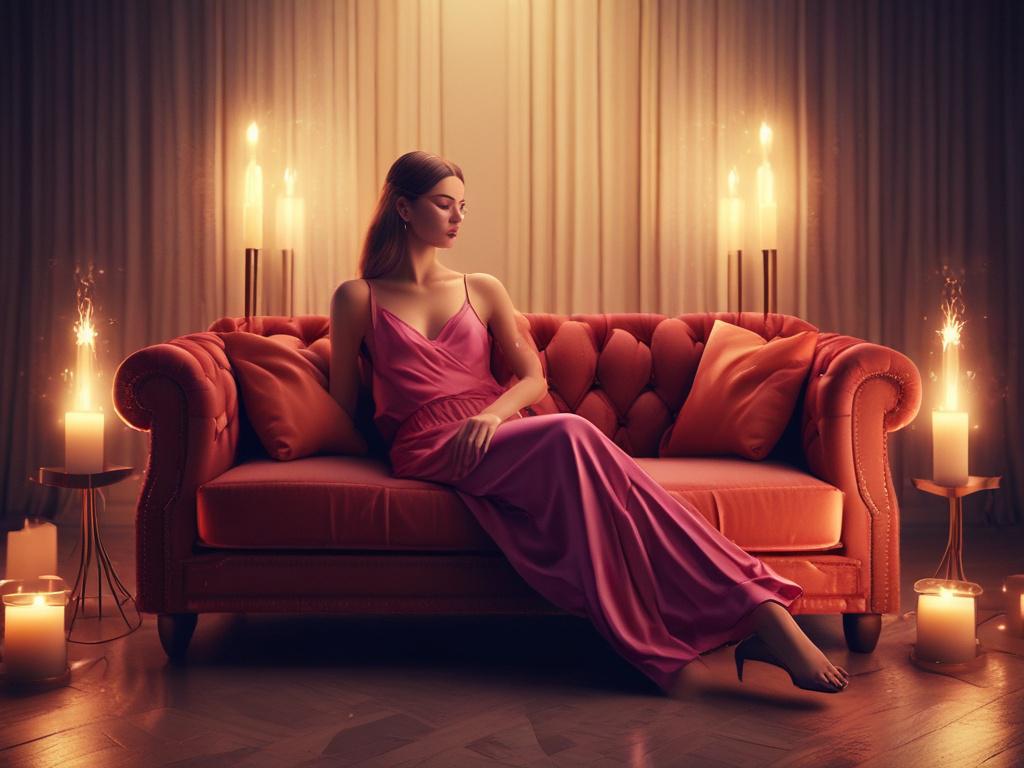 A beautiful woman in a luxurious setting, surrounded by candles