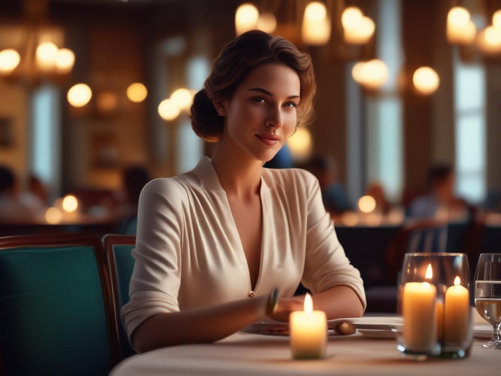 A sophisticated woman sitting elegantly at a candlelit table, her