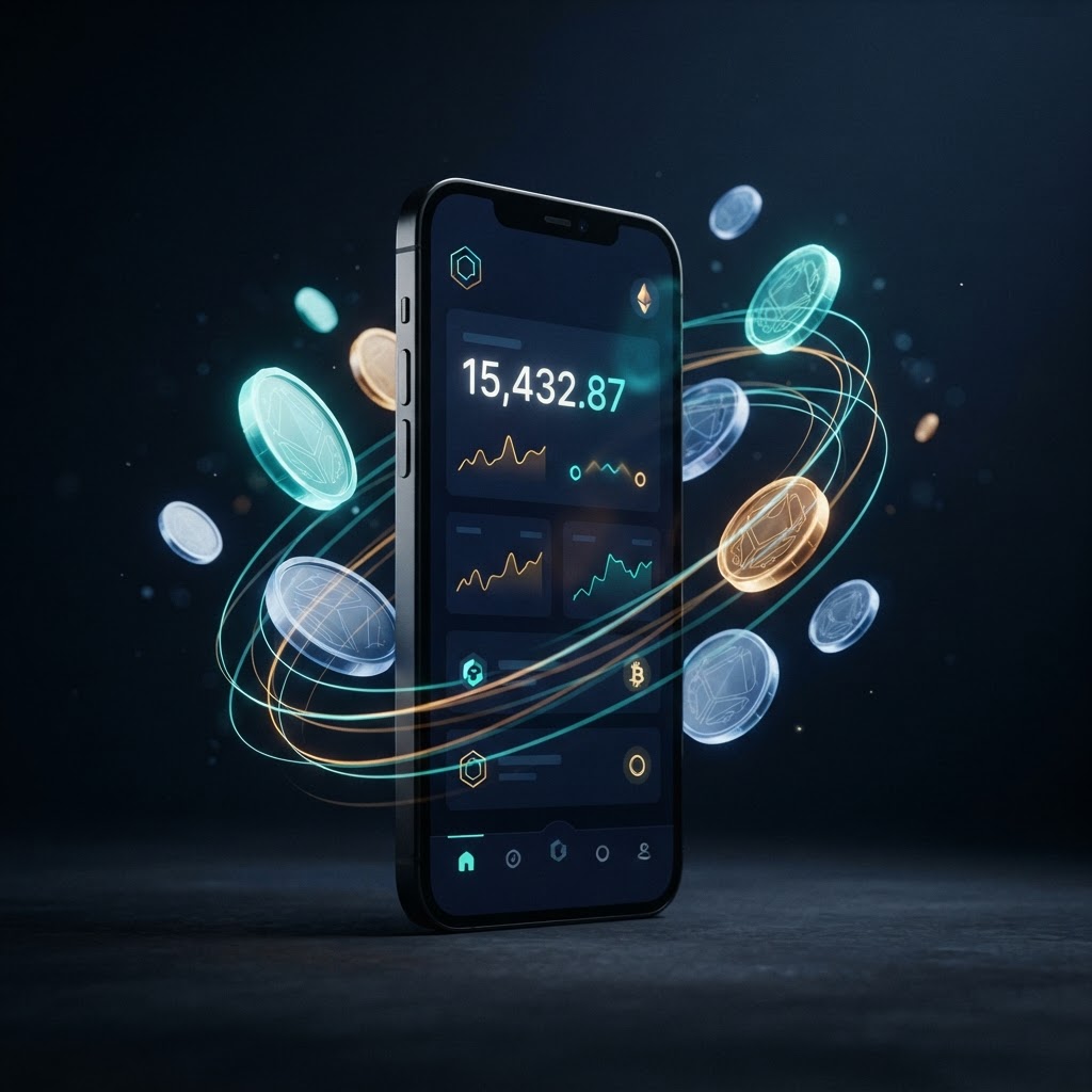 Dark smartphone displaying an abstract digital wallet interface, illuminated by teal and amber light