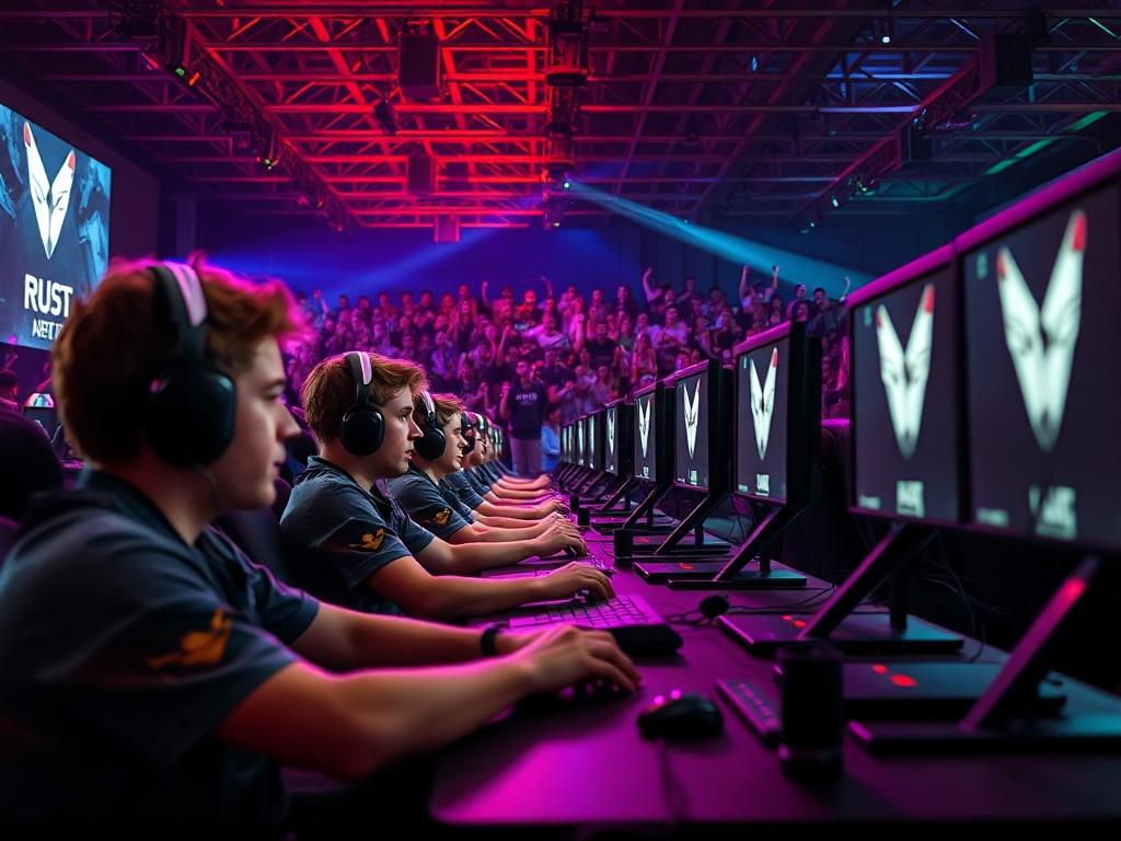 A high resolution, photorealistic image of a competitive gaming tournament