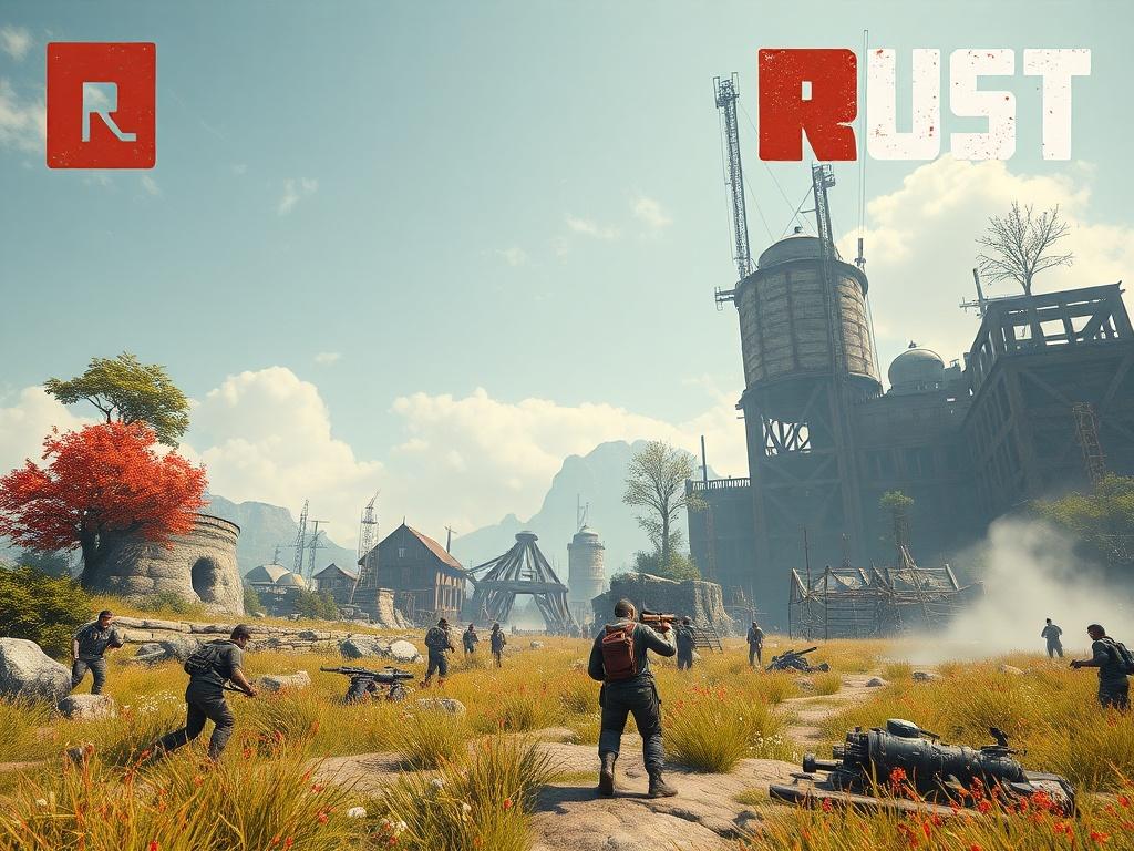 A vibrant and dynamic gaming scene in a Rust environment,