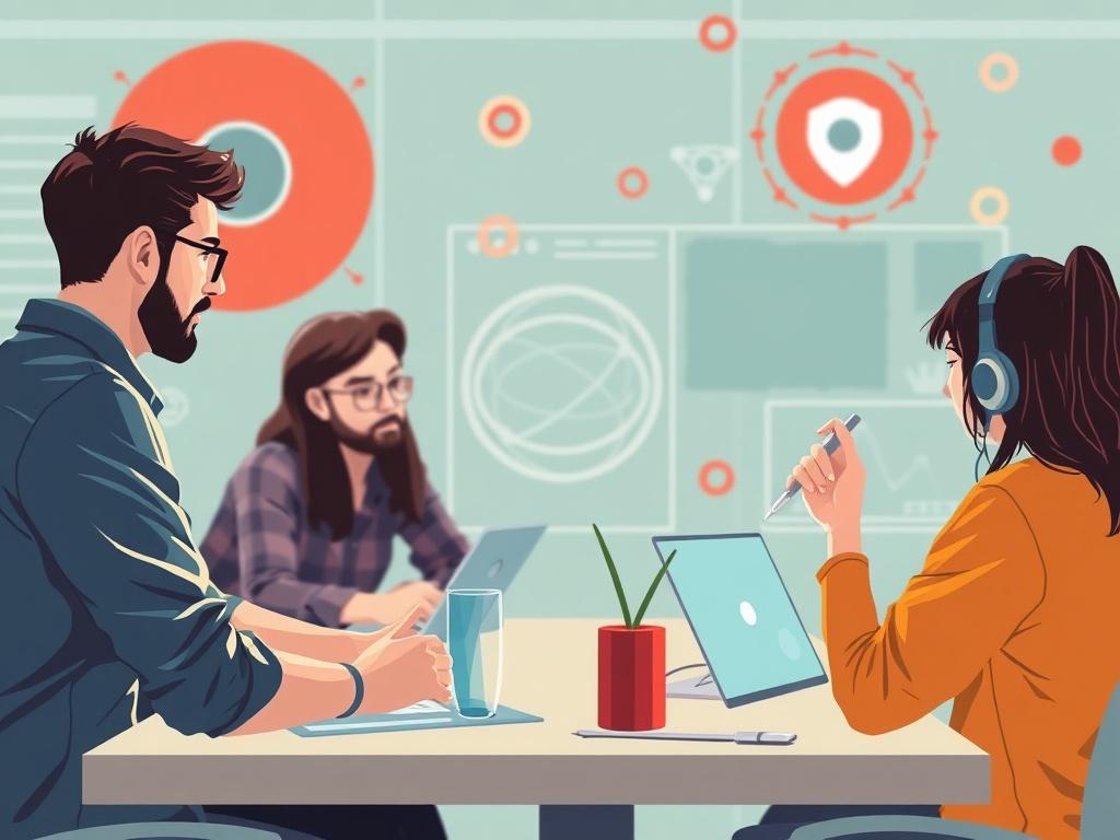 An illustration of a development team working on updates for