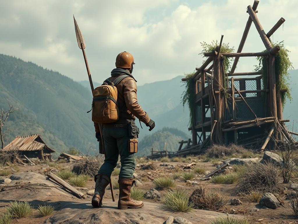 **AI Image Generation Prompt:**

Create a highly detailed, realistic high-resolution photo that captures the essence of the blog titled "Khám Phá Thế Giới Rust." The composition should be simple and clear, featuring a single subject that embodies the spirit of exploration within the game Rust. 

**Subject Matter:** The main focus should be a lone survivor character, equipped with survival gear including a rusted metal helmet, worn leather jacket, and rugged boots. The survivor should be holding a makeshift 