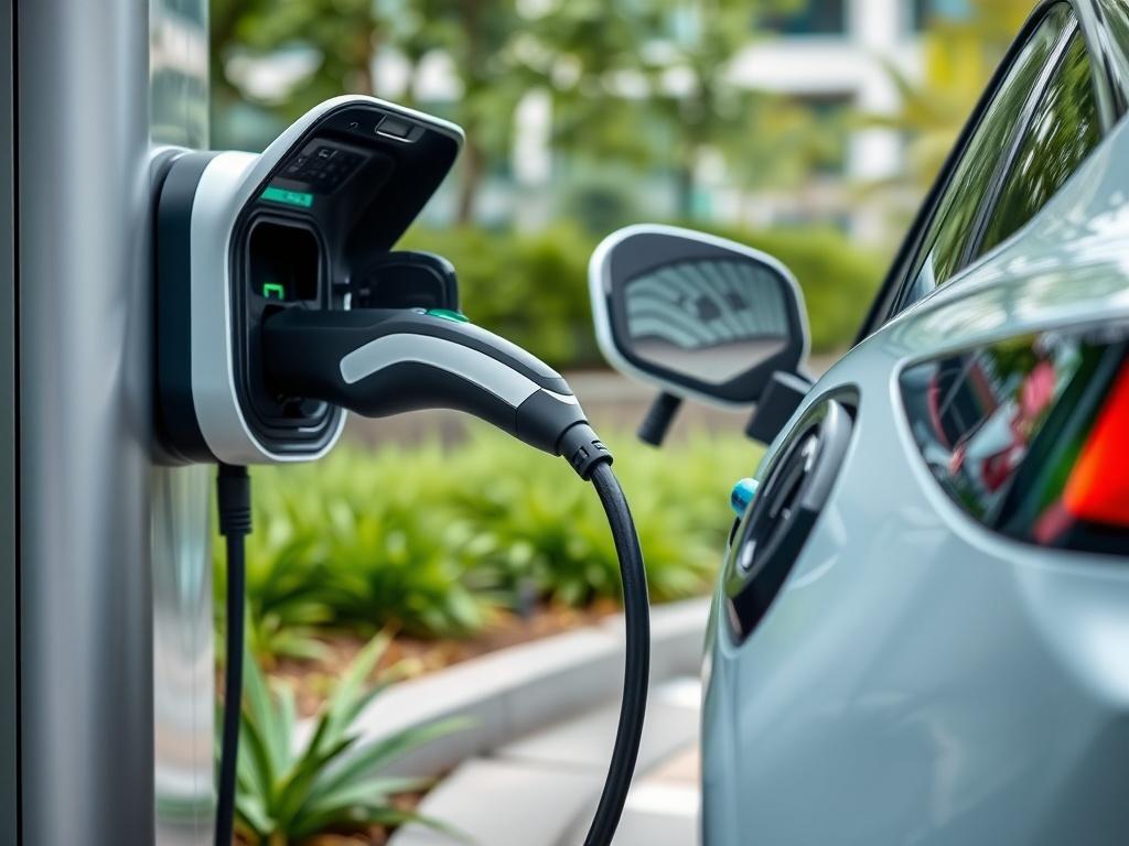 A close-up shot of a modern electric car charging at a sleek, stylish charging station. The background should be a clean, urban environment with greenery, showcasing a sustainable lifestyle. The charger design should be contemporary and user-friendly, with a focus on the car's details and charging connection. The image should be rendered in hyper-realistic style with vibrant colors, highlighting the green energy theme.