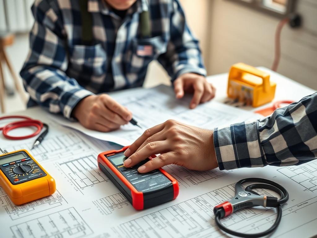 A detailed close-up shot of a professional electrician reviewing blueprints and electrical plans on a table, with tools like a multimeter and wire strippers visible nearby. The setting is a well-lit workspace with a clean background, emphasizing the precision and expertise involved in electrical system planning. The image should convey a sense of professionalism and attention to detail, suitable for showcasing electrical design services.
