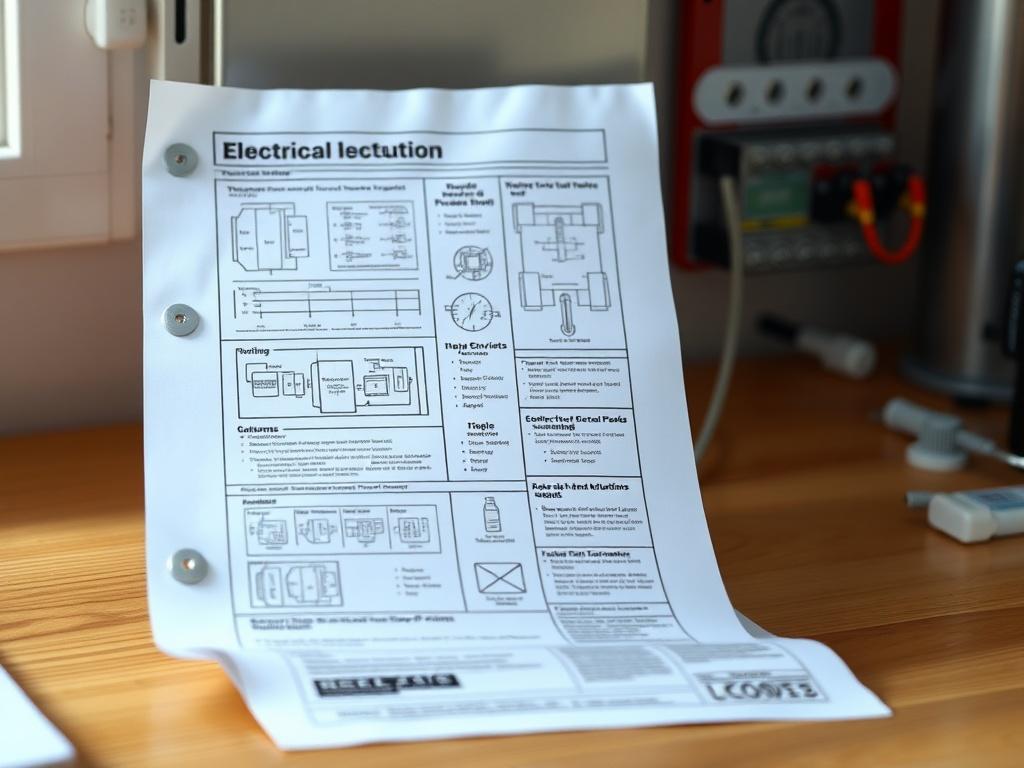 A hyper-realistic close-up shot of an electrical panel documentation sheet, showcasing detailed diagrams and notes. The sheet is placed on a clean wooden desk with a soft, natural light illuminating it. The background is slightly blurred to emphasize the documentation. Shot with a 45mm f/1.2 lens style to capture intricate details.
