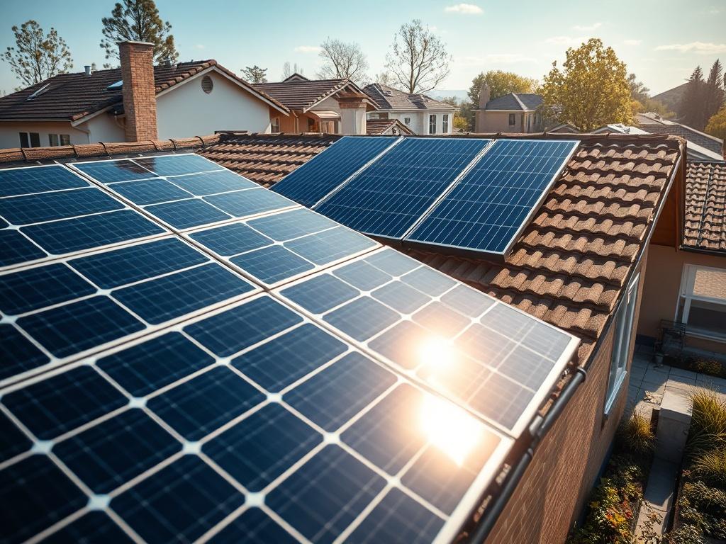A realistic high-resolution photo of a solar panel installation on a residential rooftop, capturing the sunlight reflecting off the panels. The scene should convey a sense of sustainability and innovation, shot with a 45mm f/1.2 lens style.
