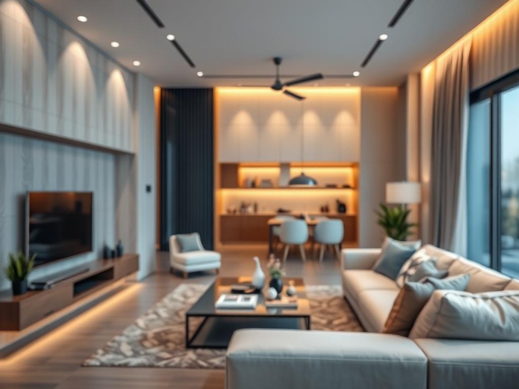 A realistic high-resolution photo of a modern smart home interior, showcasing smart technology like automated lighting and security systems. The focus should be on a sleek living room with smart controls visible, using a 45mm f/1.2 lens style.