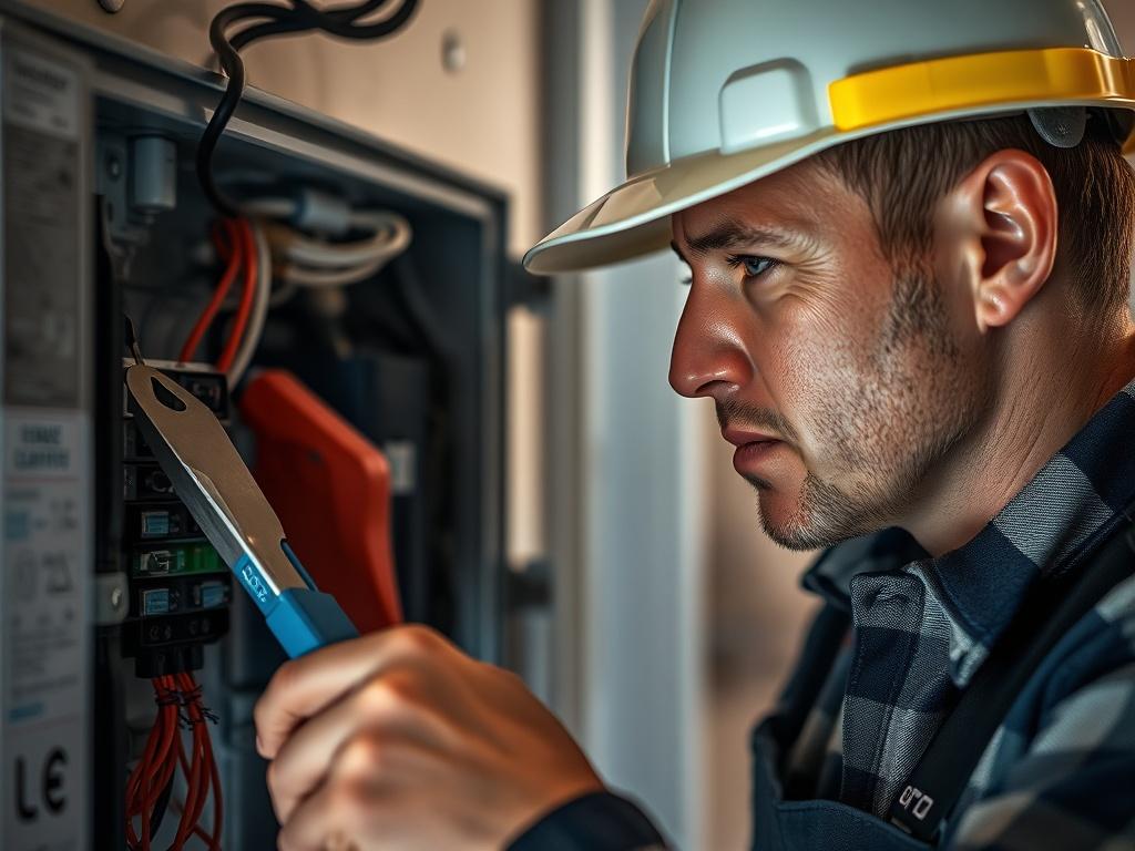 A realistic high-resolution photo of an electrician inspecting an electrical panel, with tools in hand and a focused expression. The background should depict a home environment, highlighting the importance of electrical safety, shot with a 45mm f/1.2 lens style.