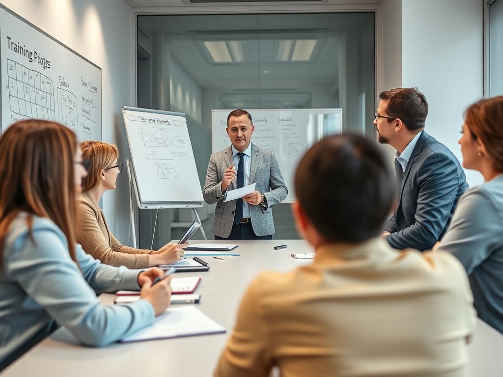 A hyper-realistic close-up shot of a training session in progress, showcasing a trainer engaging with a small group of professionals. The setting is a bright conference room, with a whiteboard filled with notes and diagrams. Participants are actively involved, taking notes and asking questions, highlighting a collaborative learning environment.