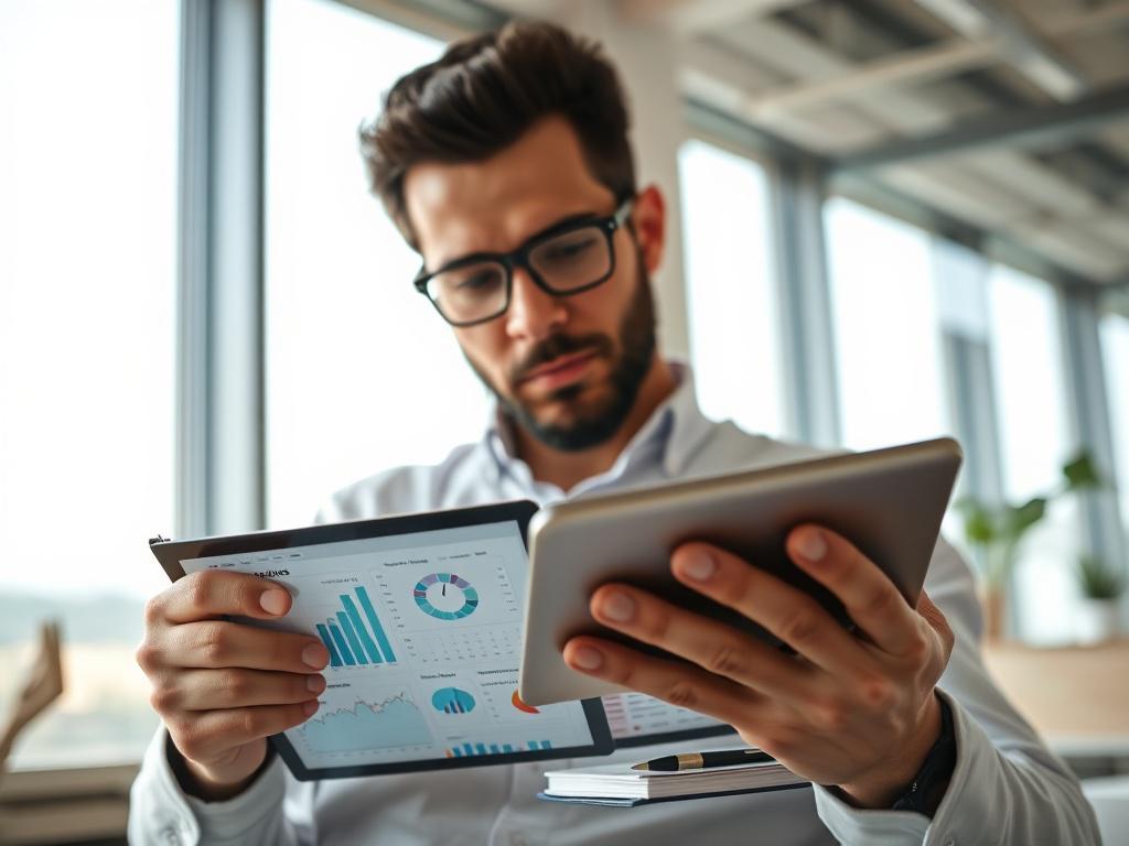 A hyper-realistic close-up shot of a market analyst reviewing graphs and charts on a tablet. The background features a bright, modern workspace with a large window allowing natural light to flood in. The analyst is engaged and thoughtful, with a notepad and pen nearby, emphasizing their commitment to thorough research.