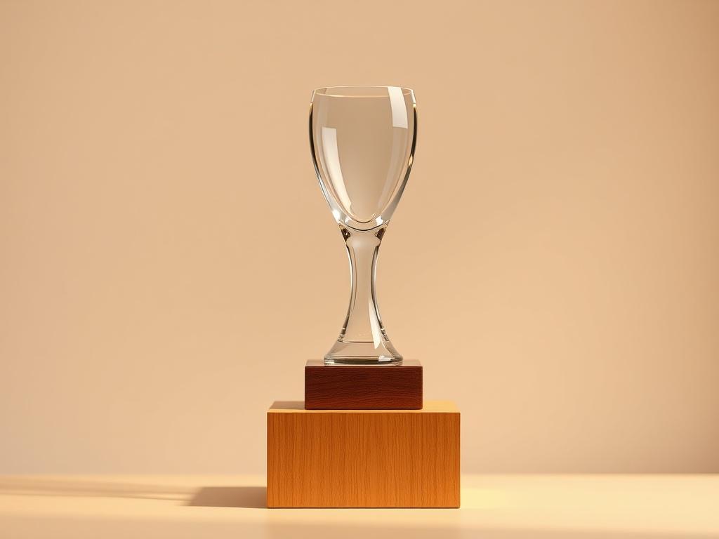 A prestigious award trophy on a simple wooden pedestal, symbolizing excellence in mental health services. The trophy is elegantly designed with a clear glass body, reflecting light in a minimalistic setting. The background is softly blurred, emphasizing the trophy as the main subject. The colors are warm and inviting, creating a sense of achievement and recognition.