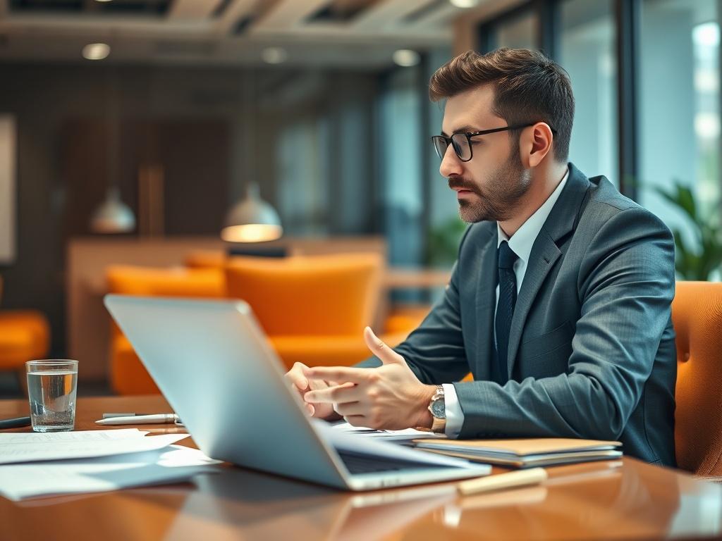 A focused close-up shot of a professional consultant sitting at a desk, surrounded by documents and a laptop. The consultant is engaged in conversation, conveying confidence and expertise. The background is a softly blurred office environment, featuring warm tones that complement the primary color rgb(194, 155, 64). The lighting is bright yet soft, creating an inviting atmosphere.