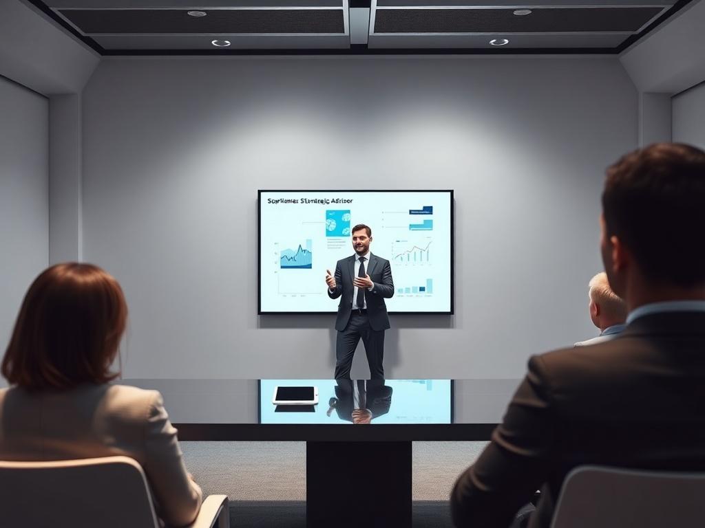 A professional setting featuring a confident strategic advisor leading a presentation. The advisor is standing at the front of a sleek conference room, engaging the audience with clear visuals displayed on a screen behind them. The room has clean lines and minimalistic design, with a few attendees attentively listening. The overall atmosphere is focused and inspiring, capturing the essence of impactful leadership and strategic guidance.