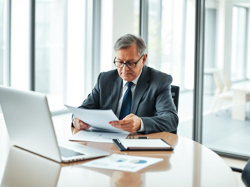 A realistic high-resolution photo of a Chief Financial Officer (CFO) engaged in a business meeting. The CFO, a middle-aged professional in formal attire, is seated at a conference table, reviewing financial documents with a focused expression. The background features a modern office setting with large windows allowing natural light to flood the room, creating a bright and inviting atmosphere. The table is neatly organized with a laptop, notepad, and a few financial charts. The overall composition is minimal