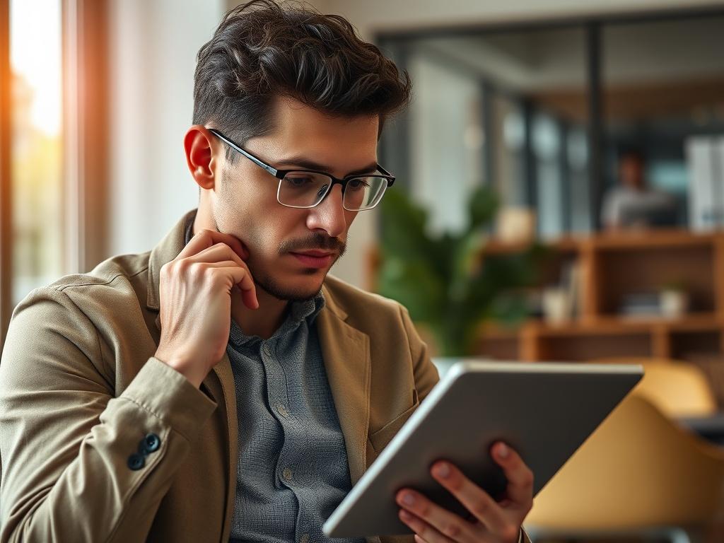 A close-up shot of a thoughtful professional analyzing data on a digital tablet, surrounded by a modern office environment. The focus is on the individual, showcasing determination and insight, with a warm and inviting background that complements the rgb(194, 155, 64) color scheme.