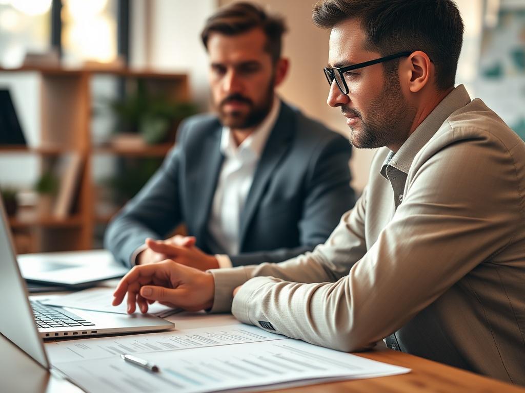 A close-up shot of a confident financial advisor in a professional setting, engaging with a client over a desk filled with financial documents and a laptop. The background should be softly blurred to emphasize the advisor's focus and professionalism, using warm lighting to create a welcoming atmosphere. The image should have a color palette compatible with rgb(194, 155, 64). Shot with a 45mm f/1.2 lens.