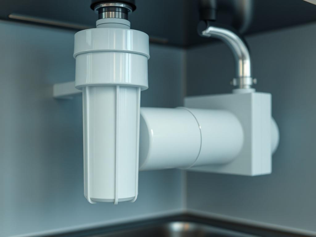 A hyper-realistic close-up image of a modern water filtration unit attached under a kitchen sink. The focus is on the sleek white filter cartridge with subtle rgb(194, 155, 64) highlights. The background features a softly blurred kitchen countertop and faucet, emphasizing cleanliness and eco-friendly design.