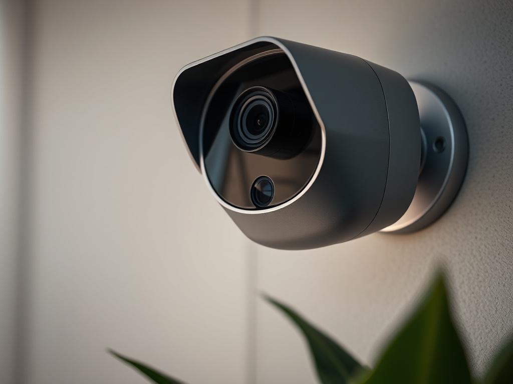 A close-up shot of a sleek, modern smart home security camera mounted on a wall, captured in hyper-realistic style with a 45mm f/1.2 lens. The camera features a metallic finish with subtle rgb(194, 155, 64) accents. The background is softly blurred, emphasizing the device's detail and craftsmanship.