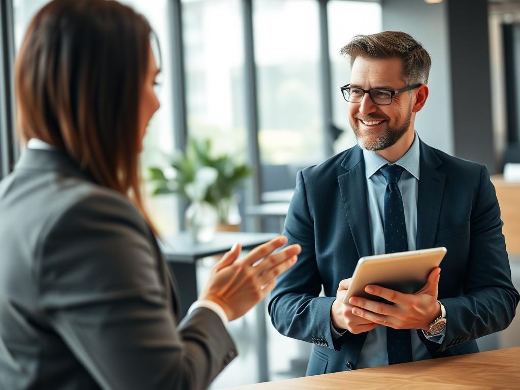 A close-up shot of a confident consultant in a professional setting, engaging with a client. The consultant is in business attire, showing a warm smile, while gesturing towards a digital tablet displaying data. The background features a sleek, modern office environment with soft natural lighting. The composition focuses on the interaction between the consultant and the client, emphasizing trust and professionalism. The image should be rendered in hyper-realistic style with a 45mm f/1.2 lens effect, capturin