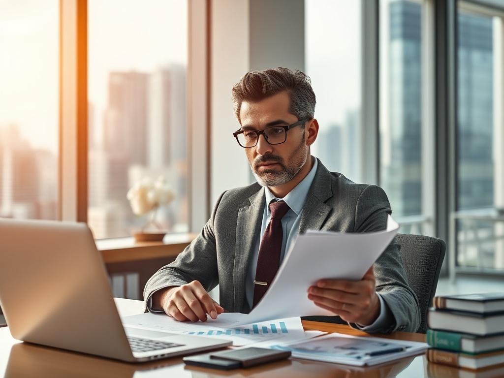 **AI Image Generation Prompt:**

Create a highly detailed, realistic high-resolution photograph that encapsulates the theme of maximizing investment returns. The image should focus on a single, confident investor, a middle-aged man of diverse ethnicity, analyzing financial documents and graphs on his desk. He should be dressed in a smart, professional outfit, such as a tailored suit, projecting success and sophistication.

The background should feature a modern office setting with a large window allowing na