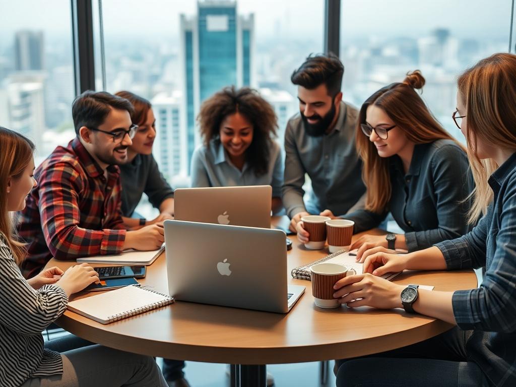 A close-up shot of a diverse group of startup employees engaged in a meeting. The focus is on a round table with laptops, notebooks, and coffee cups. The background is a modern office space with bright lighting and a large window showing a city view. The atmosphere is collaborative and energetic, showcasing individuals sharing ideas and brainstorming together. The image should be shot with a 45mm f/1.2 lens style, emphasizing the camaraderie and focus of the team.