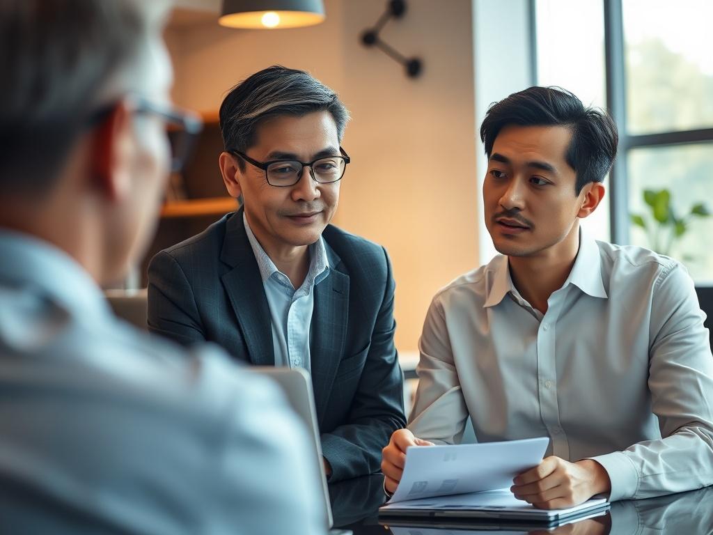 A close-up shot of a professional consultant engaging with a client in a modern office setting. The consultant, a middle-aged Asian male, is attentively listening and taking notes. The background showcases a sleek desk, a laptop, and a window with natural light streaming in, creating a warm and inviting atmosphere. The image is captured in hyper-realistic detail, with a focus on the expressions of both individuals. The color palette incorporates shades of rgb(194, 155, 64) to enhance the inviting mood.