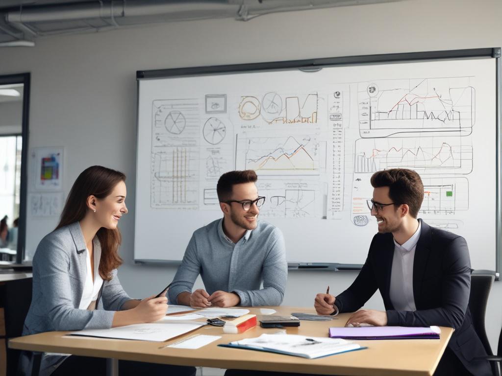 A focused shot of a digital marketing team brainstorming ideas on a whiteboard, with colorful charts and graphs visible, showcasing creativity and collaboration, set in a modern office environment, rgb(194, 155, 64) color elements integrated into the decor.