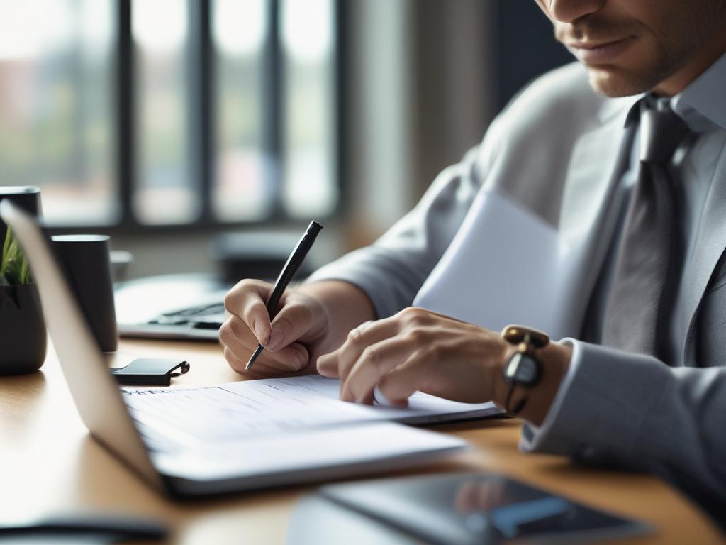 A close-up shot of a business consultant reviewing a strategy document with a laptop open and a notepad beside it, in a modern office setting with natural lighting, focus on the consultant’s hands and the document, rgb(194, 155, 64) color accents in the background.