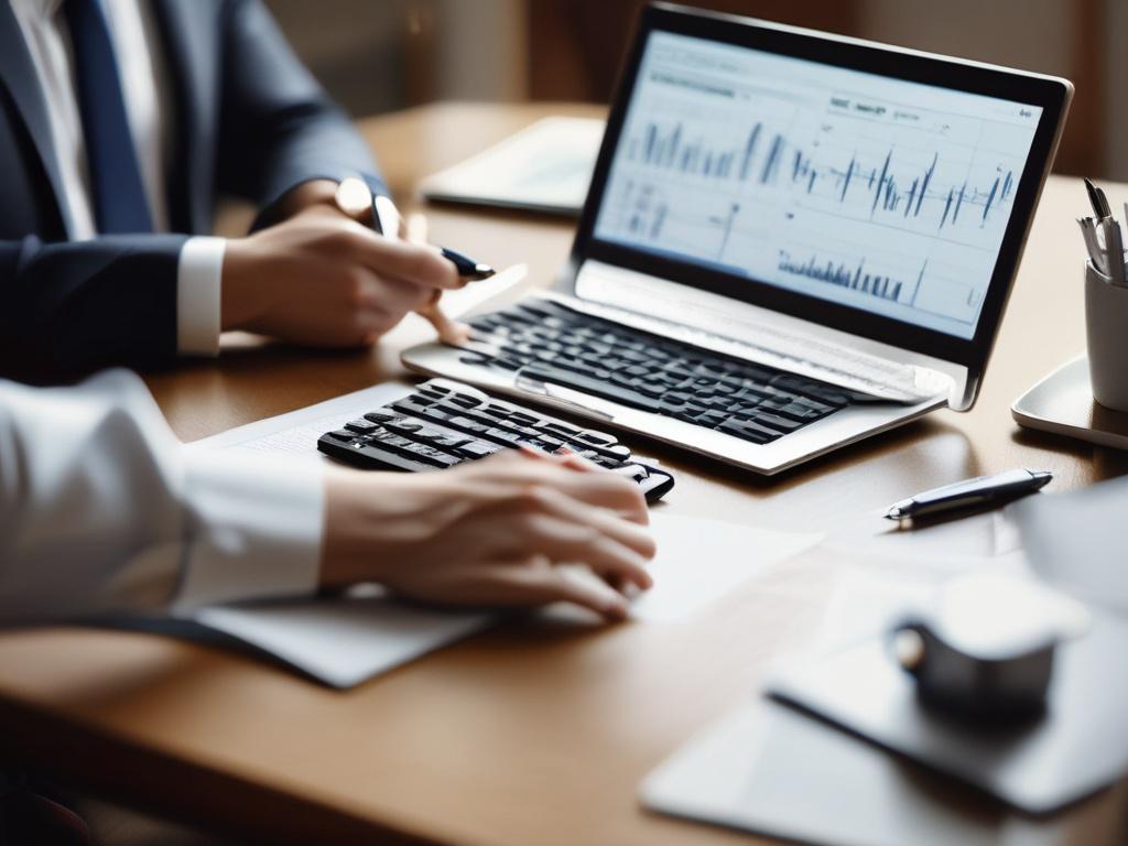 A high-resolution close-up of a financial advisor discussing investment options with a client, showcasing a calculator, financial reports, and a laptop on the table, set in an inviting office space, rgb(194, 155, 64) accents enhancing the professional atmosphere.