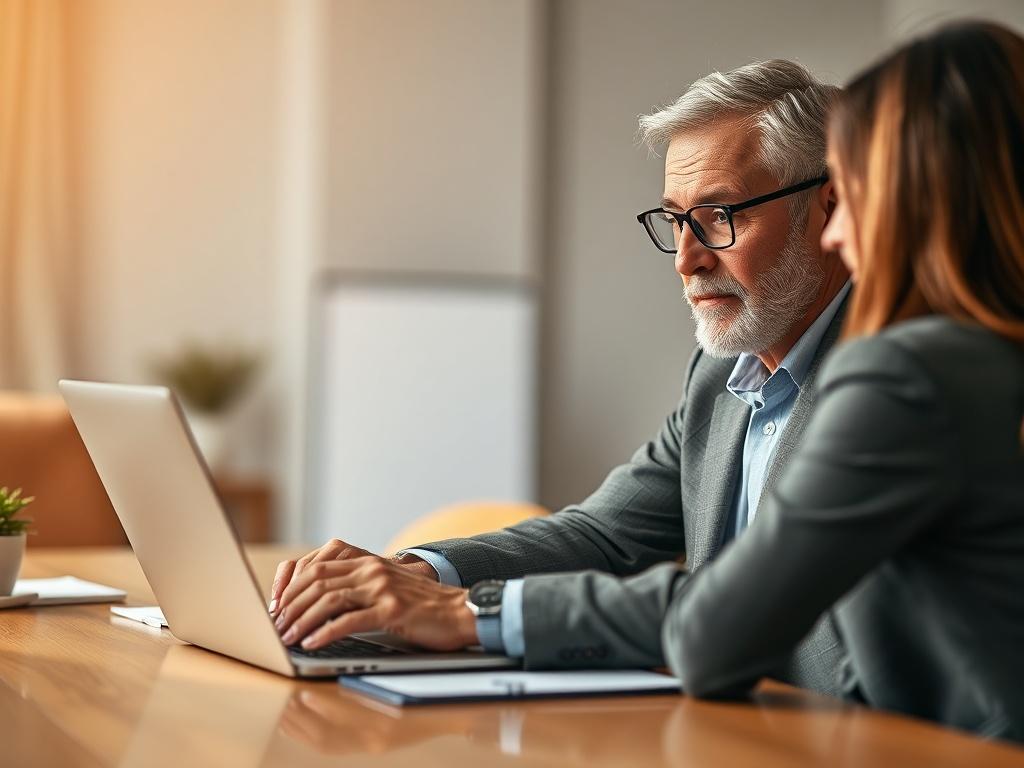 A close-up shot of a professional consultant engaged in a focused discussion with a client. The consultant, a middle-aged person with glasses and a confident demeanor, is sitting at a sleek wooden desk with a laptop open in front of them. The background features soft, blurred office elements, creating a warm and inviting atmosphere. The lighting is natural, highlighting the consultant's expressions and the details of the desk. The primary color theme is warm gold (rgb(194, 155, 64)).