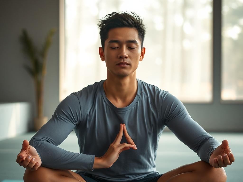An athlete in a meditative pose, surrounded by a serene