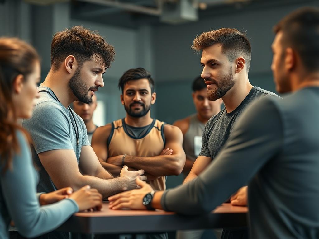 A group of athletes in a collaborative workshop setting, engaged