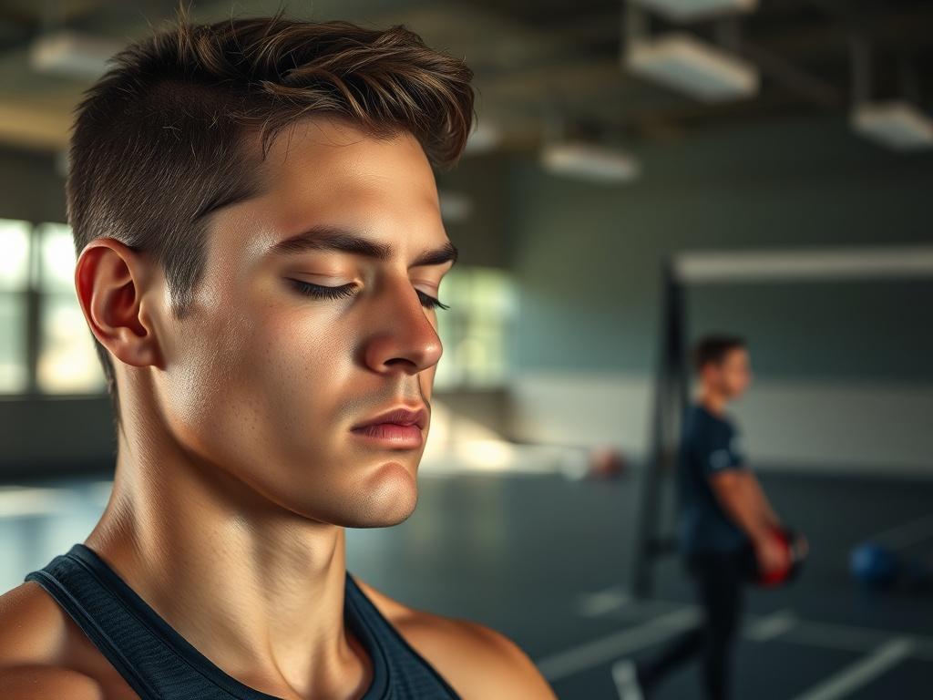 A focused athlete practicing visualization techniques in a serene environment,
