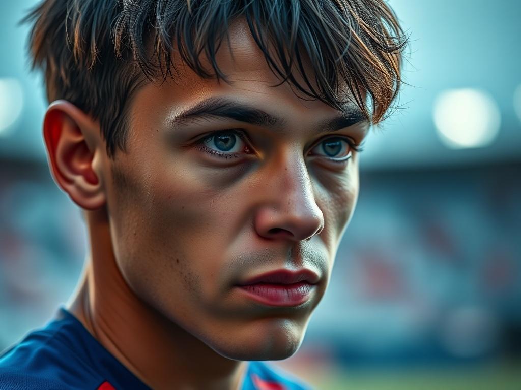 A realistic close up portrait of an athlete reflecting thoughtfully,